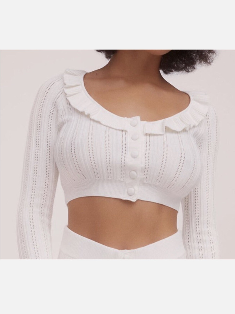 For Love And Lemons Cream Ruffled Knit Cropped Cardigan